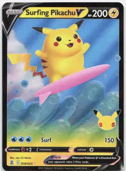 Surfing Pikachu V 008/025 Holo V Rare Celebrations Pokemon Near Mint - Image 1