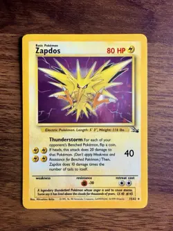 Zapdos 15/62 Fossil Unlimited Holo Rare 1999 80HP Pokemon Card - Image 1