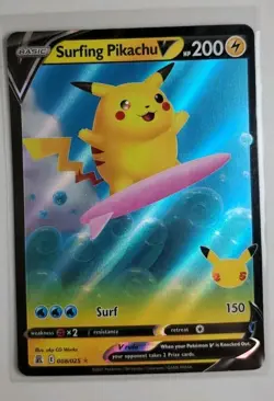 Surfing Pikachu V Ultra Rare Full Art Holo 008/025 Pokemon Celebrations TCG - Image 1