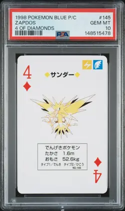1998 POKEMON BLUE VERSION PLAYING CARDS 4 OF DIAMONDS #145 ZAPDOS PSA 10 - Image 1