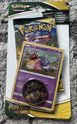 Pokemon TCG Evolving Skies Blister Pack English 10 Cards Slowpoke Promo Coin - Image 1