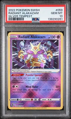 2022 POKEMON SWORD & SHIELD SILVER TEMPEST #059 RADIANT ALAKAZAM PSA 10 - Image 1