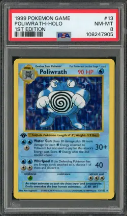 1999 Pokemon Base Set 1st Edition Shadowless Poliwrath Holo Rare #13 PSA 8 - Image 1