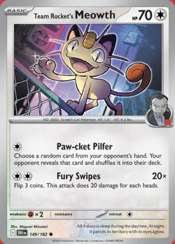 Team Rocket's Meowth 149/182 Pokemon SV10: DRI Common Reverse Holo 2025 NM - Image 1