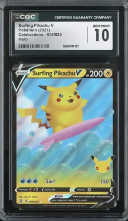 SURFING PIKACHU V 008/025 POKEMON CELEBRATIONS HOLO CGC 10 GEM MINT - Image 1