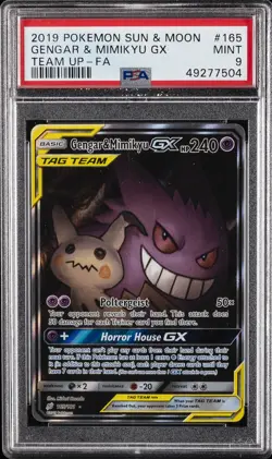 2019 POKEMON SUN & MOON TEAM UP #165 FULL ART/GENGAR & MIMIKYU GX PSA 9 - Image 1