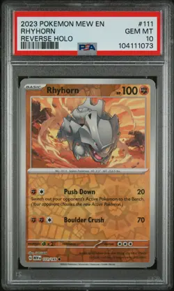 2023 POKEMON MEW EN-151 REVERSE HOLO #111 RHYHORN PSA 10 - Image 1