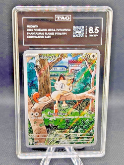 Title: 2025 Pokemon Meowth 106/094 Illustration Rare TAG 8.5 Phantasmal Flames - Image 1