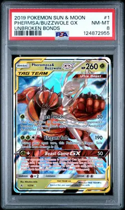 2019 POKEMON SUN & MOON UNBROKEN BONDS #1 PHEROMOSA & BUZZWOLE GX PSA 8 - Image 1