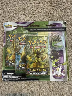 Pokemon XY Fates Collide Zygarde Pin Blister 3 Booster Packs Sealed Worn - Image 1