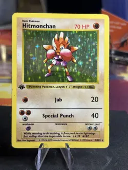 1999 Pokemon Base Set 1st Edition Hitmonchan Shadowless Holo 007/102 LP/MP - Image 1