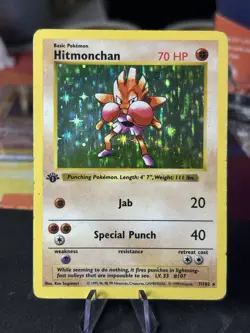 1999 Pokemon Base Set 1st Edition Hitmonchan Shadowless Holo 007/102 LP/MP - Image 3