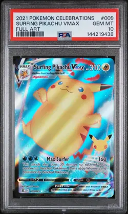 2021 POKEMON CELEBRATIONS #009 FULL ART/SURFING PIKACHU VMAX PSA 10 - Image 1