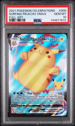 2021 POKEMON CELEBRATIONS #009 FULL ART/SURFING PIKACHU VMAX PSA 10 - Image 1