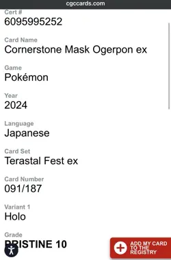 Cornerstone Mask Ogerpon EX CGC 10 Pristine 091/187 Holo - Pokemon TCG - Image 5