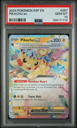 2024 POKEMON SSP EN-SURGING SPARKS #057 PIKACHU EX PSA 10 - Image 1