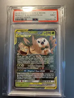 PSA 9 MINT Rowlet & Alolan Exeggutor GX 1 Unified Minds Pokemon Card - Image 1