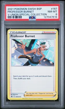 2021 POKEMON SWSH BLACK STAR PROMO V-UNION SPECIAL COLL PROFESSOR BURNET PSA 8 - Image 1