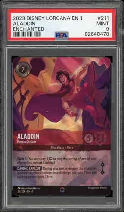 2023 Disney Lorcana Enchanted Foil Aladdin Heroic Outlaw #211/204 PSA 9 Mint - Image 1