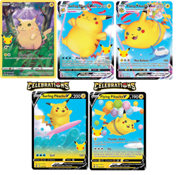 Pikachu, Surfing Pikachu & Flying Pikachu V & Vmax 5 Card Set Celebrations NM - Image 1