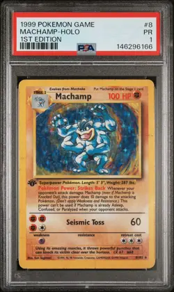 PSA 1 Machamp 1st edition Base Set Holo #8 1999 Pokemon WoTC PR - Image 1