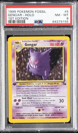 1999 POKEMON FOSSIL 1ST EDITION #5 GENGAR-HOLO PSA 8 - Image 1