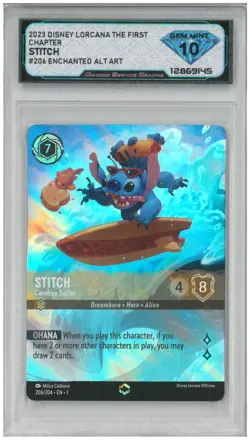 2023 Disney Lorcana STITCH CAREFREE SURFER #206 Enchanted Foil💎 DSG 10 Gem Mint - Image 1