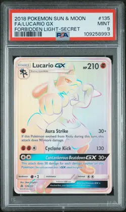 2018 POKEMON SUN & MOON FORBIDDEN LIGHT #135 FA/LUCARIO GX PSA MINT 9 - Image 1