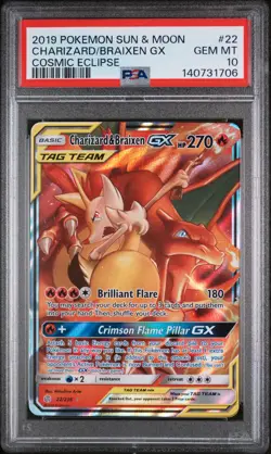 2019 POKEMON SUN & MOON COSMIC ECLIPSE #22 CHARIZARD/BRAIXEN GX PSA GEM MT 10 - Image 1