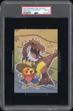 2022 POKEMON FOSSIL MUSEUM POSTCARD PIKACHU & TYRANTRUM PSA 10 - Image 1
