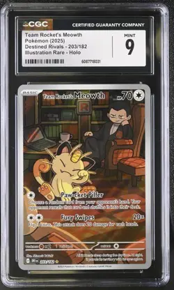 CGC 9 TEAM ROCKET'S MEOWTH 203 DESTINED RIVALS SCARLET & VIOLET POKEMON MINT - Image 1