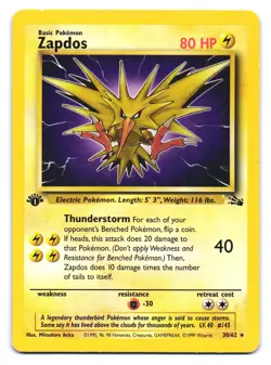 Zapdos 30/62 Rare Fossil Pokemon 1st Edition HP - Image 1