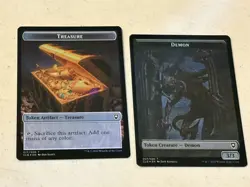 2 x mtg foil token Demon // Treasure, 007/017, Baldur's Gate, unplayed - Image 1