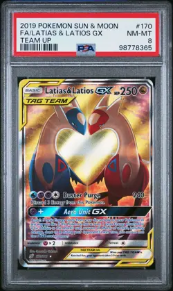 2019 POKEMON SUN & MOON TEAM UP #170 FULL ART/LATIAS & LATIOS GX PSA 8 - Image 1