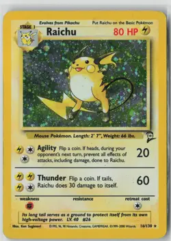Pokemon Raichu 16/130 MP Holo Base Set 2 WOTC - Image 1