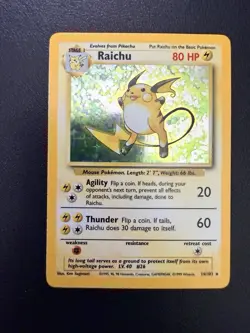 Pokemon TCG Base Set Raichu Holo Card 14/102 Unlimited Holo Rare NM - Image 1