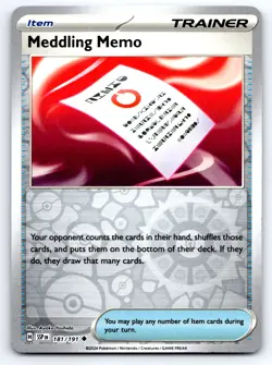 Pokemon Meddling Memo SV08: Surging Sparks SSP Reverse Holo 181/191 NM TCG - Image 1