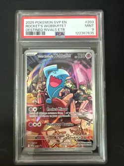 2025 POKEMON SVP DESTINED RIVALS ETB PROMO #203 TEAM ROCKET'S WOBBUFFET PSA 9 - Image 1