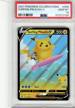 2021 Pokemon Celebrations Surfing Pikachu V #008 PSA GEM MT 10 - Image 1