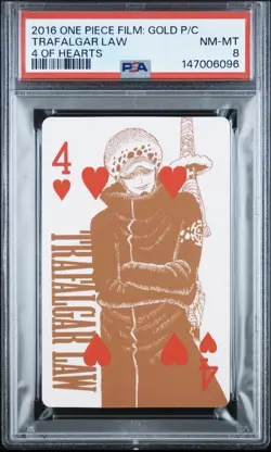 2016 ONE PIECE FILM: GOLD PLAYING CARDS 4 OF HEARTS TRAFALGAR LAW PSA 8 - Image 1