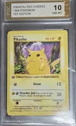 1999 Pokemon Pikachu Red Cheeks 1st Edition Shadowless PGC 10 - Image 1