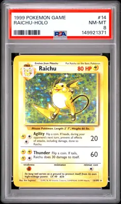 1999 POKEMON TCG BASE SET UNLIMITED #14 RAICHU-HOLO PSA 7 - Image 2