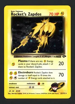 Rocket's Zapdos 15/132 Gym Challenge Unlimited Holo Rare Swirl Pokemon TCG - Image 1