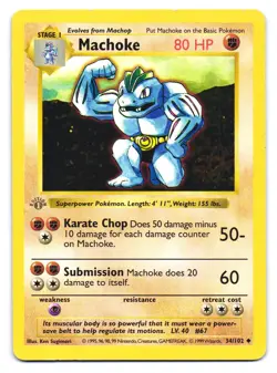 Machoke 34/102 Uncommon Base Set Shadowless Pokemon 1st Edition HP Gray Stamp - Image 1