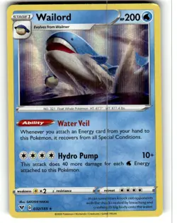 2020 POKEMON VIVID VOLTAGE WAILORD 032/185 HOLO (RARE) NM - Image 1