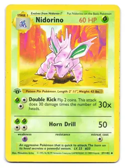 Nidorino 37/102 Uncommon Base Set Shadowless Pokemon 1st Edition HP - Image 1