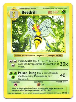 Beedrill 17/102 Rare Base Set Shadowless Pokemon Unlimited HP - Image 1