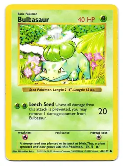 Bulbasaur 44/102 Common Base Set Shadowless Pokemon Unlimited HP - Image 1