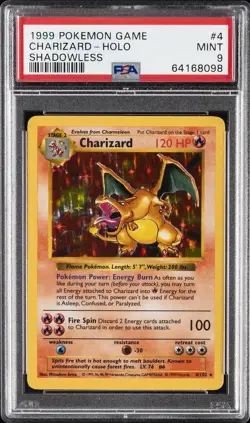 1999 POKEMON BASE SET SHADOWLESS #4 CHARIZARD-HOLO PSA 9 - Image 1