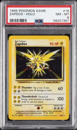 1999 POKEMON BASE SET UNLIMITED #16 ZAPDOS-HOLO PSA 8 - Image 1